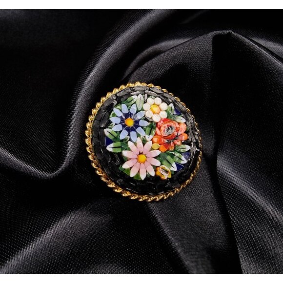 Vintage Italian Micro Mosaic Floral Brooch Gold-Tone Rope Edge Black - Picture 2 of 5